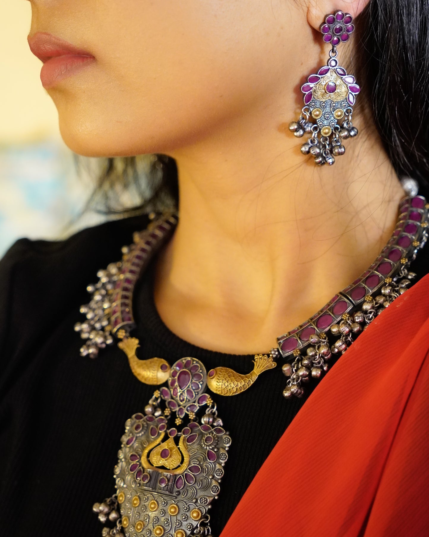 Anassa-Dual Tone Banjara Ghungroo Flower Long Necklace Set