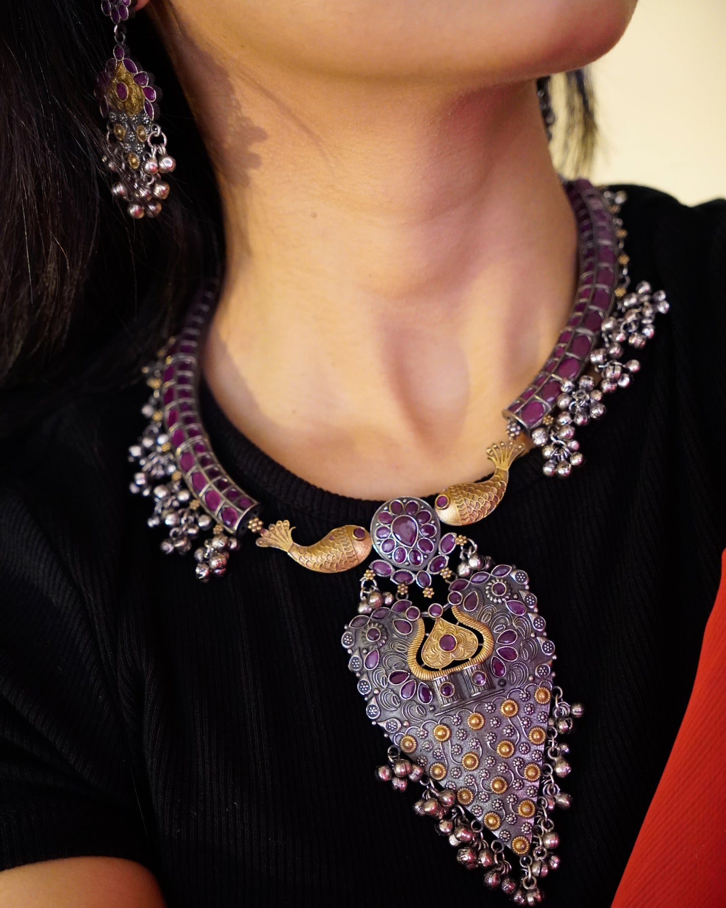 Anassa-Dual Tone Banjara Ghungroo Flower Long Necklace Set