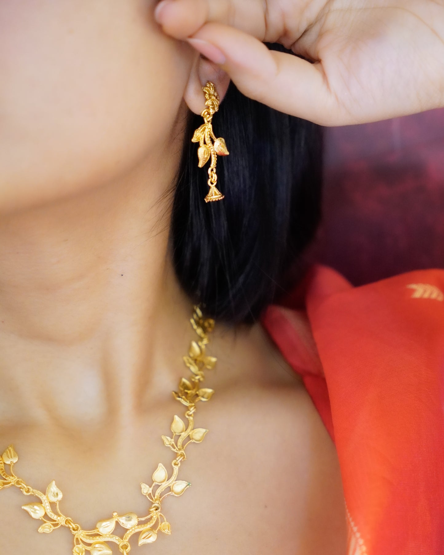 ORO-Royal Leaf Pattern Gold Necklace Set