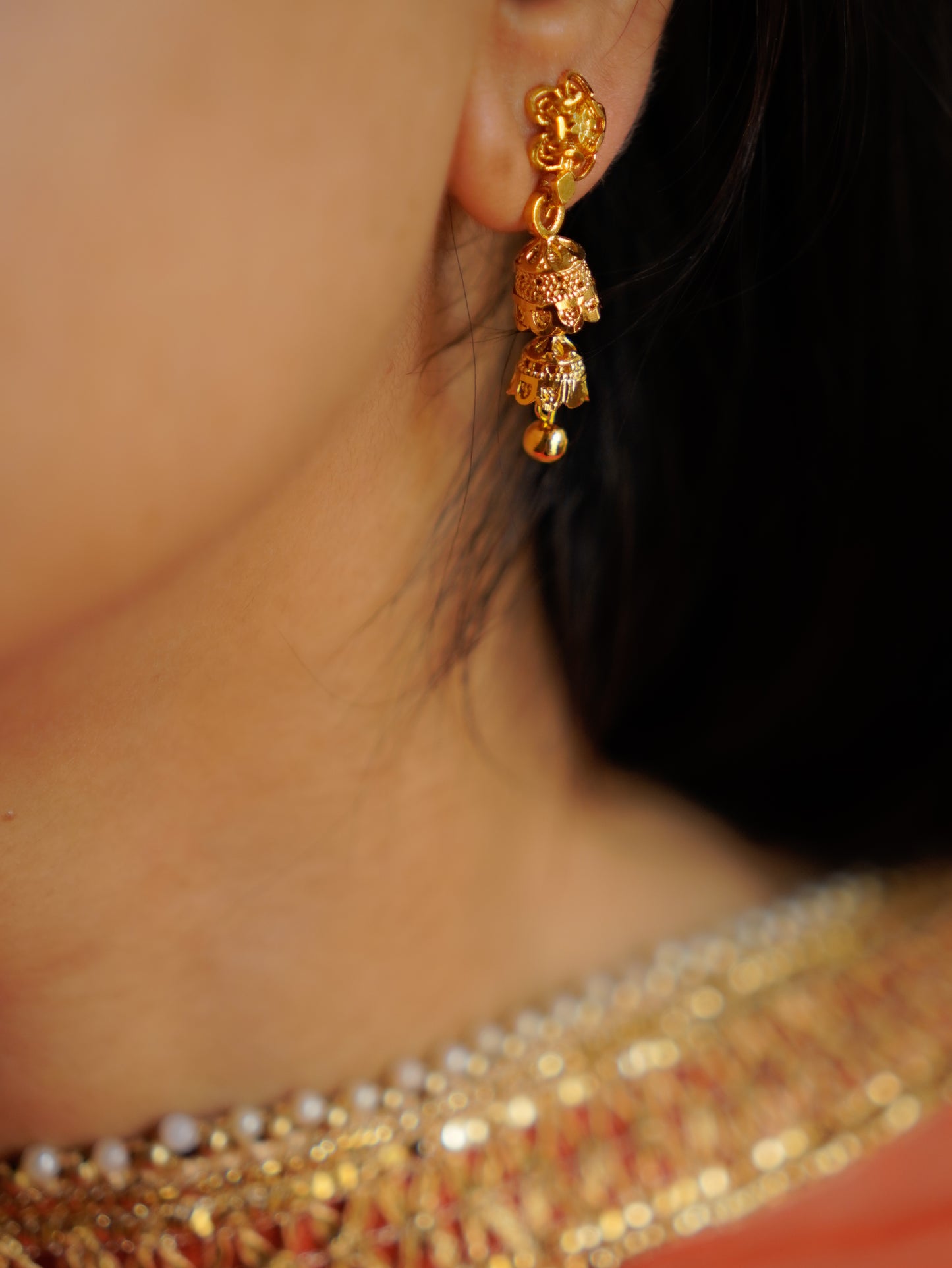 ORO- Gold Floral Double Jhumki Earrings