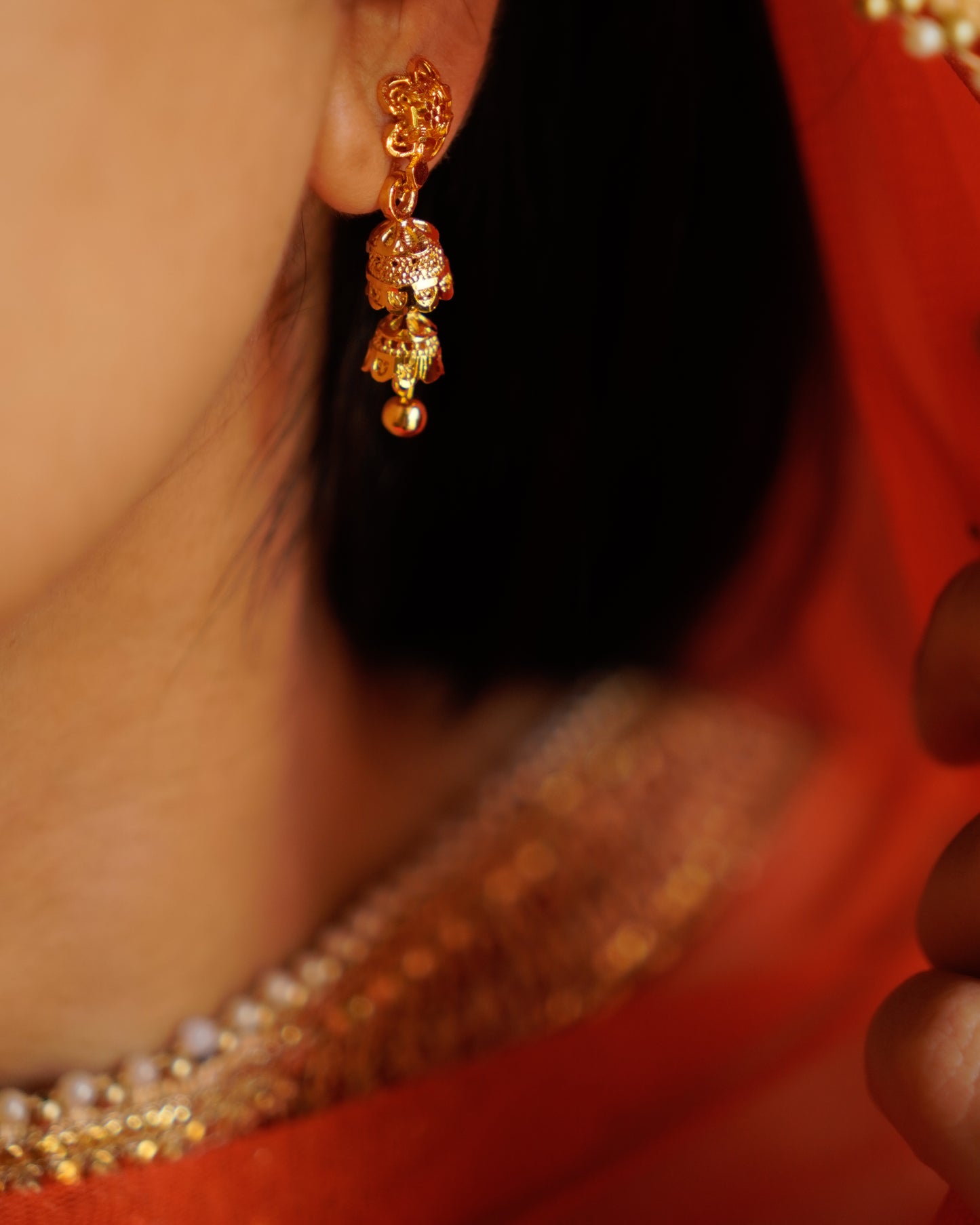 ORO- Gold Floral Double Jhumki Earrings