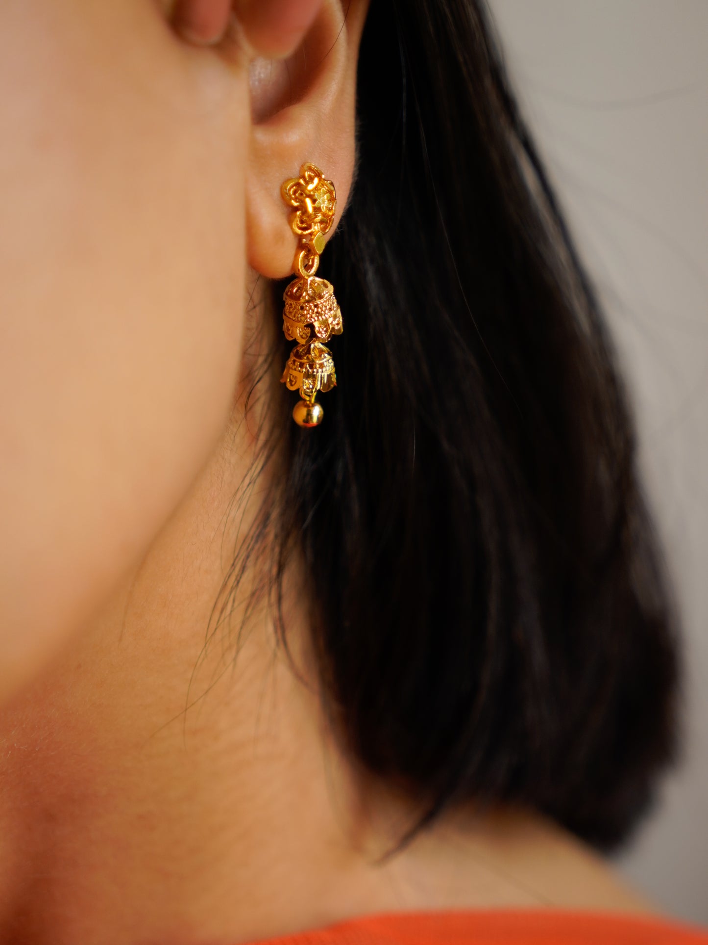 ORO- Gold Floral Double Jhumki Earrings