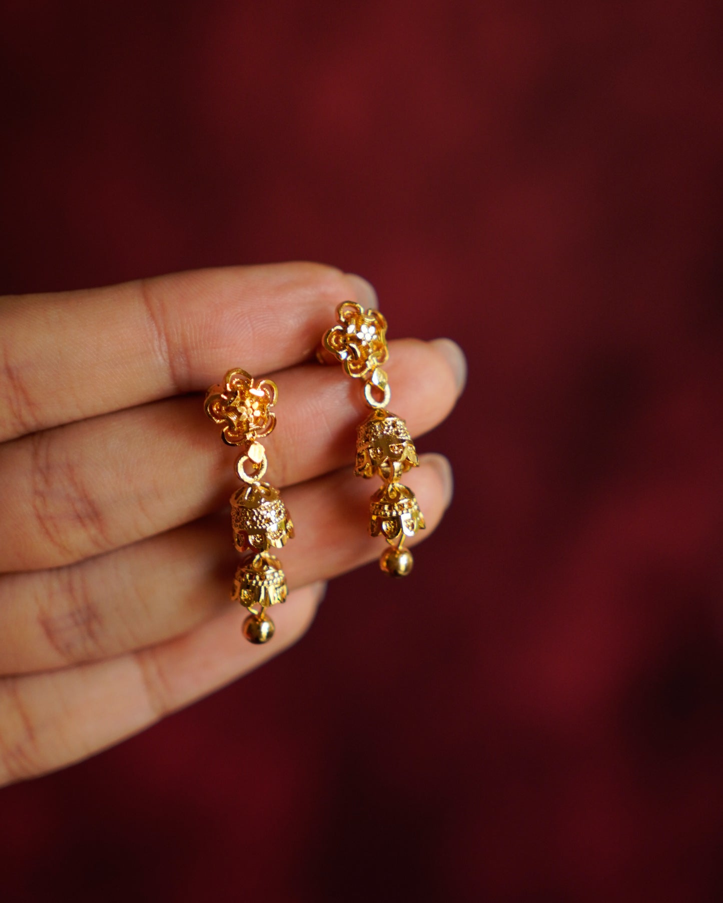 ORO- Gold Floral Double Jhumki Earrings