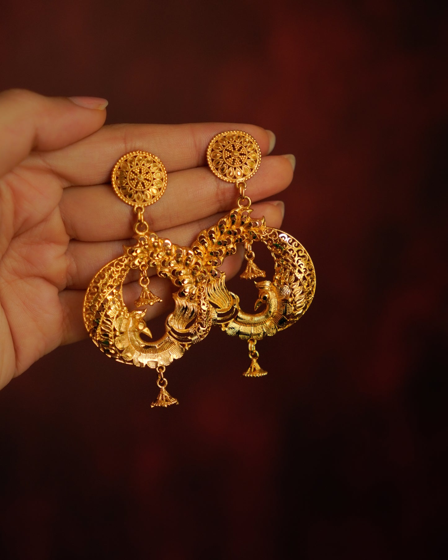 ORO-Majestic Floral Peacock Chandbali Earrings