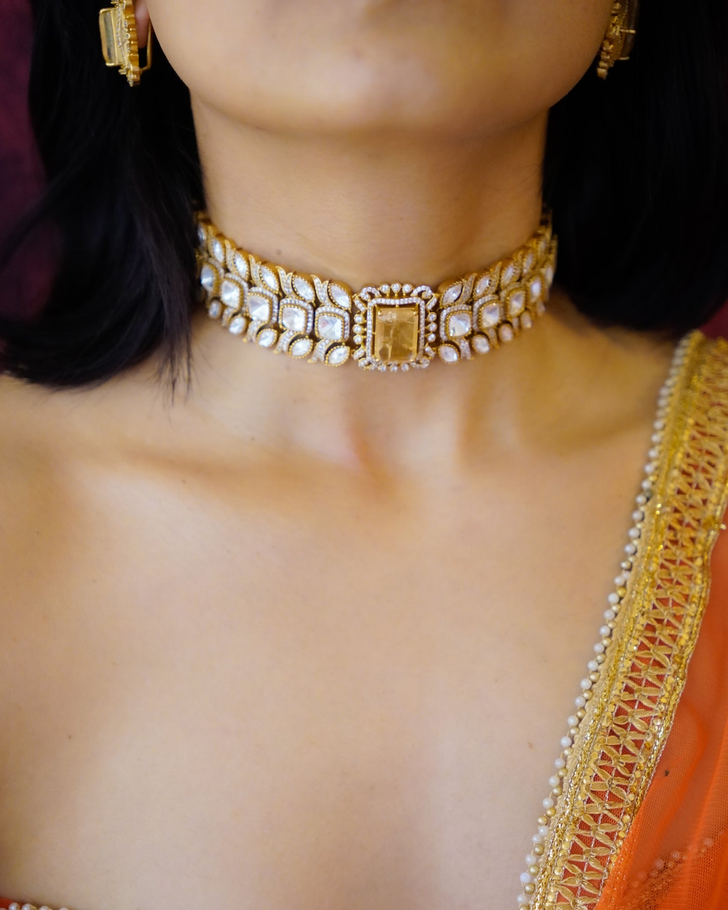 ZIKHIN- Gold-Plated Gemstone Choker Set with Matching Earrings
