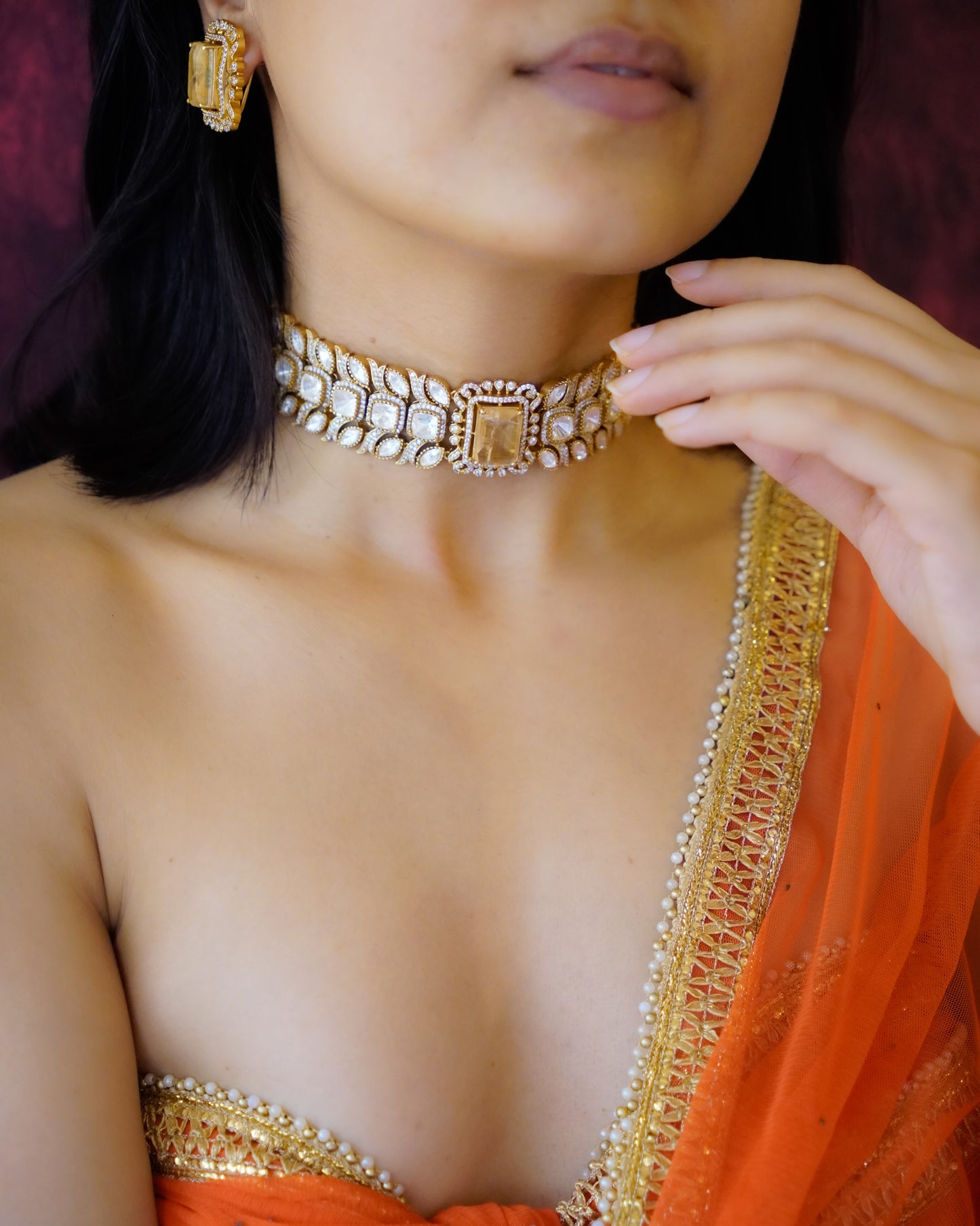 ZIKHIN- Gold-Plated Gemstone Choker Set with Matching Earrings