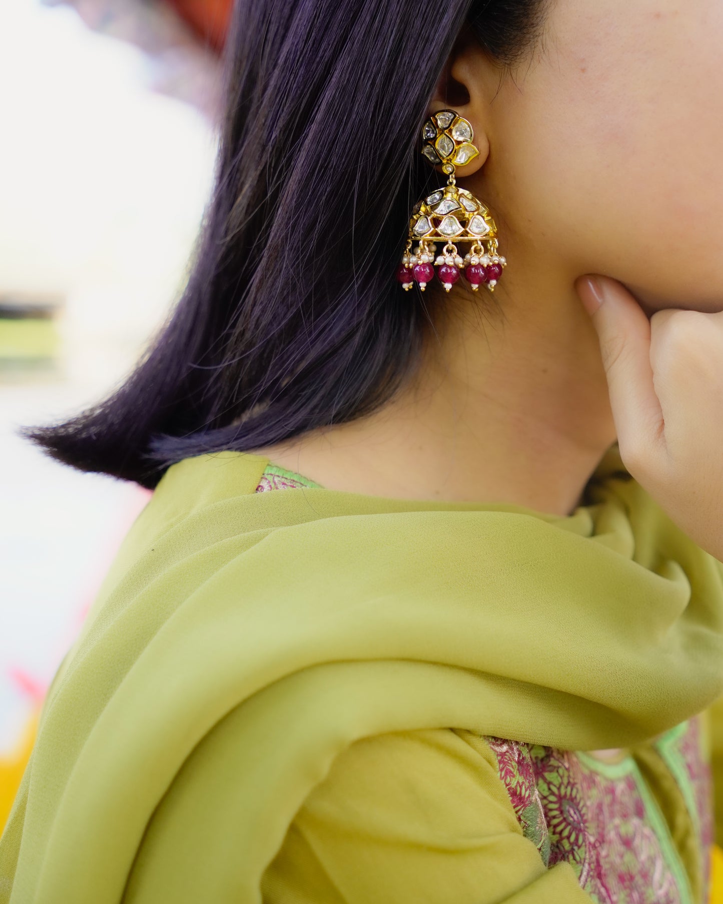 Roop- Rati Gold-Plated Kundan Jhumkas with Ruby Beads