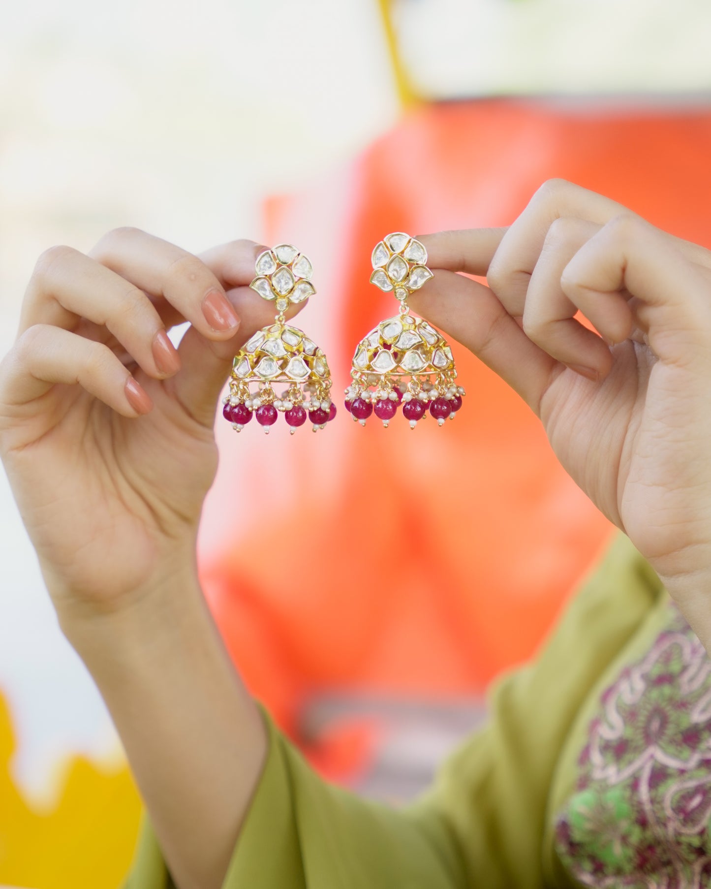 Roop- Rati Gold-Plated Kundan Jhumkas with Ruby Beads