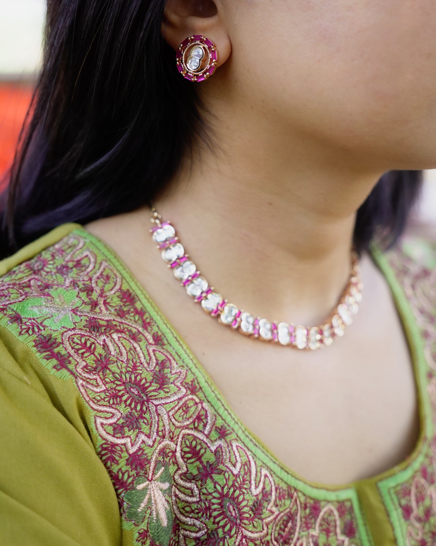 ROOP- Pink Crazy Cocktail Party Necklace & Earrings Set