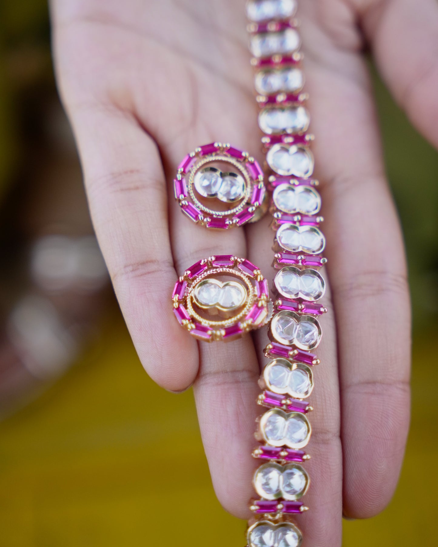 ROOP- Pink Crazy Cocktail Party Necklace & Earrings Set