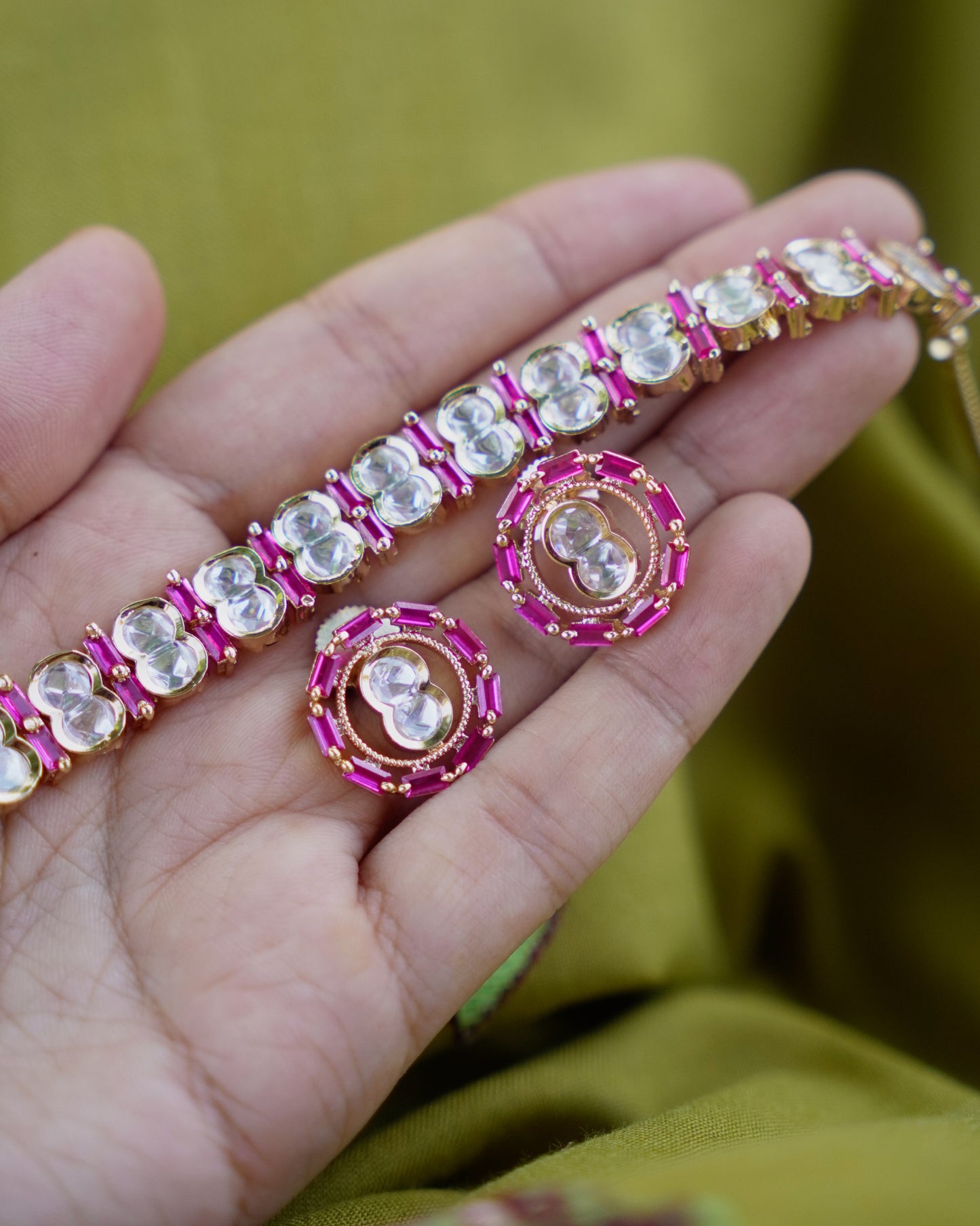 ROOP- Pink Crazy Cocktail Party Necklace & Earrings Set