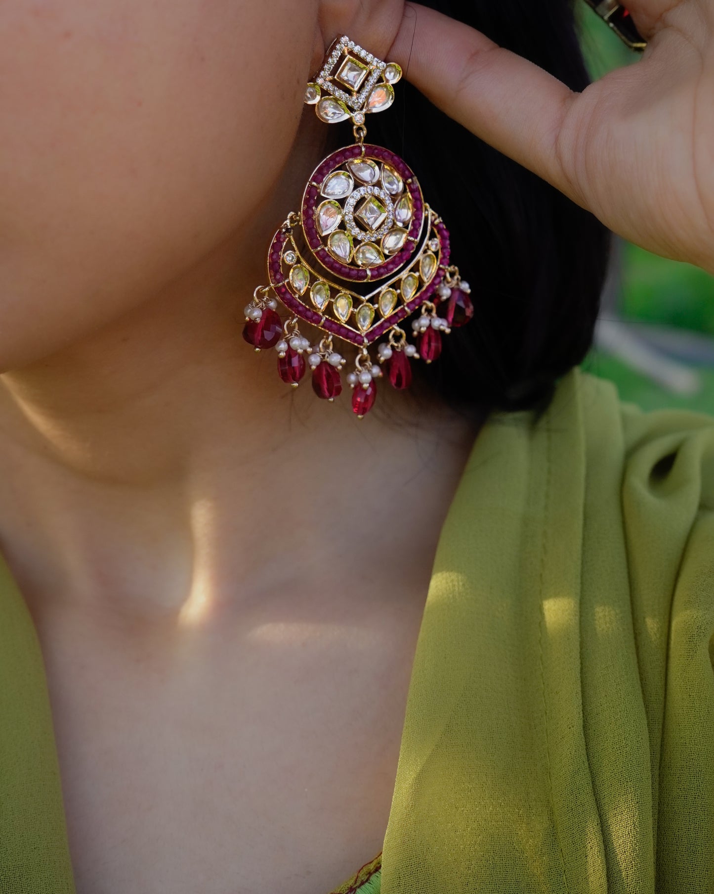 ROOP- Rani Ruby Kundan Chandbaali Earrings