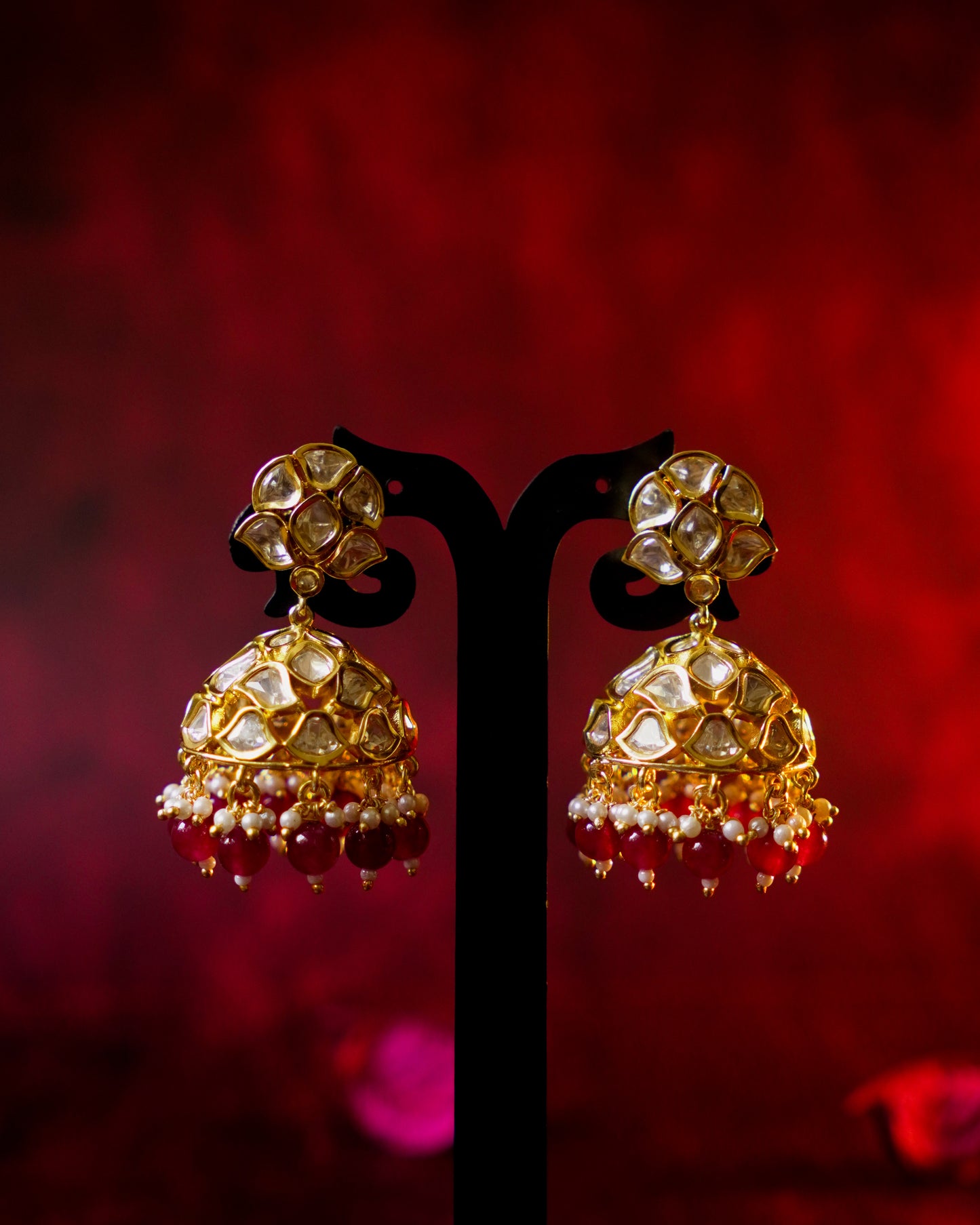 Roop- Rati Gold-Plated Kundan Jhumkas with Ruby Beads