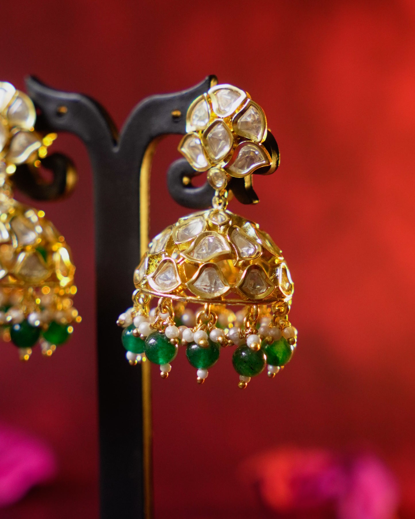 Roop- Rati Gold-Plated Kundan Jhumkas with Ruby Beads