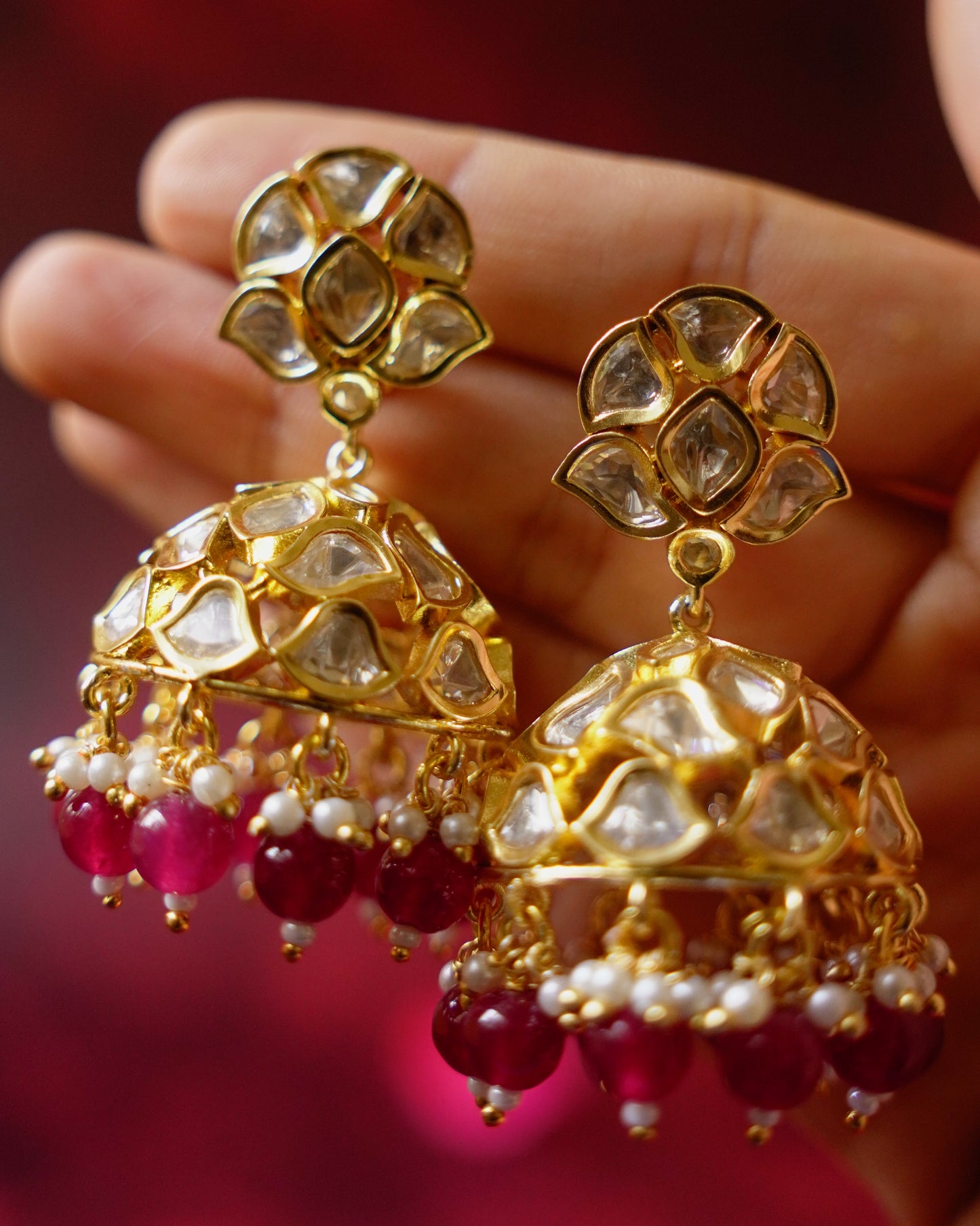 Roop- Rati Gold-Plated Kundan Jhumkas with Ruby Beads