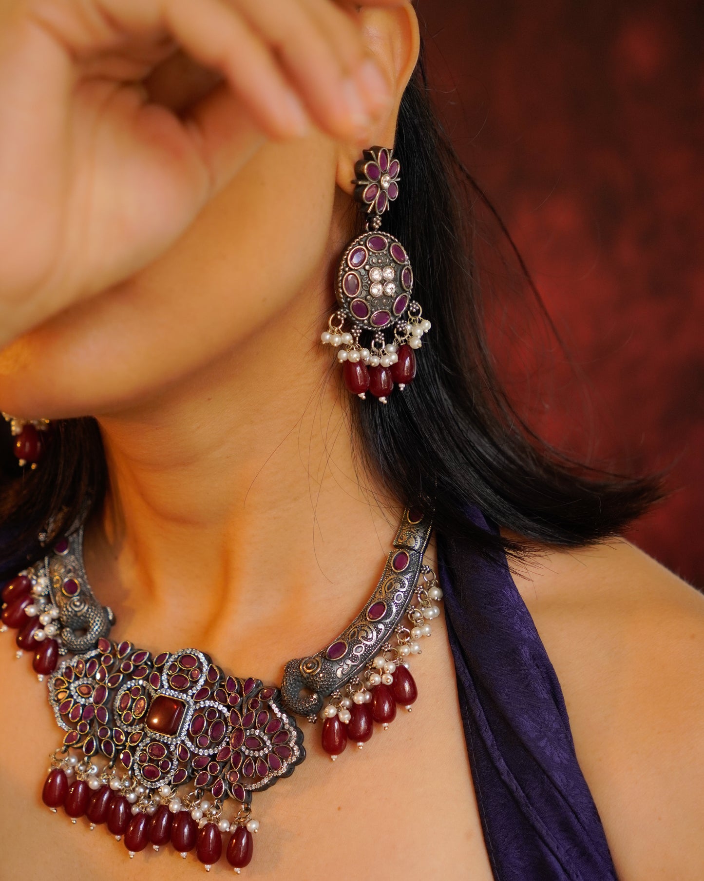 Anassa -Maroon Stone Moti Flower Necklace Set