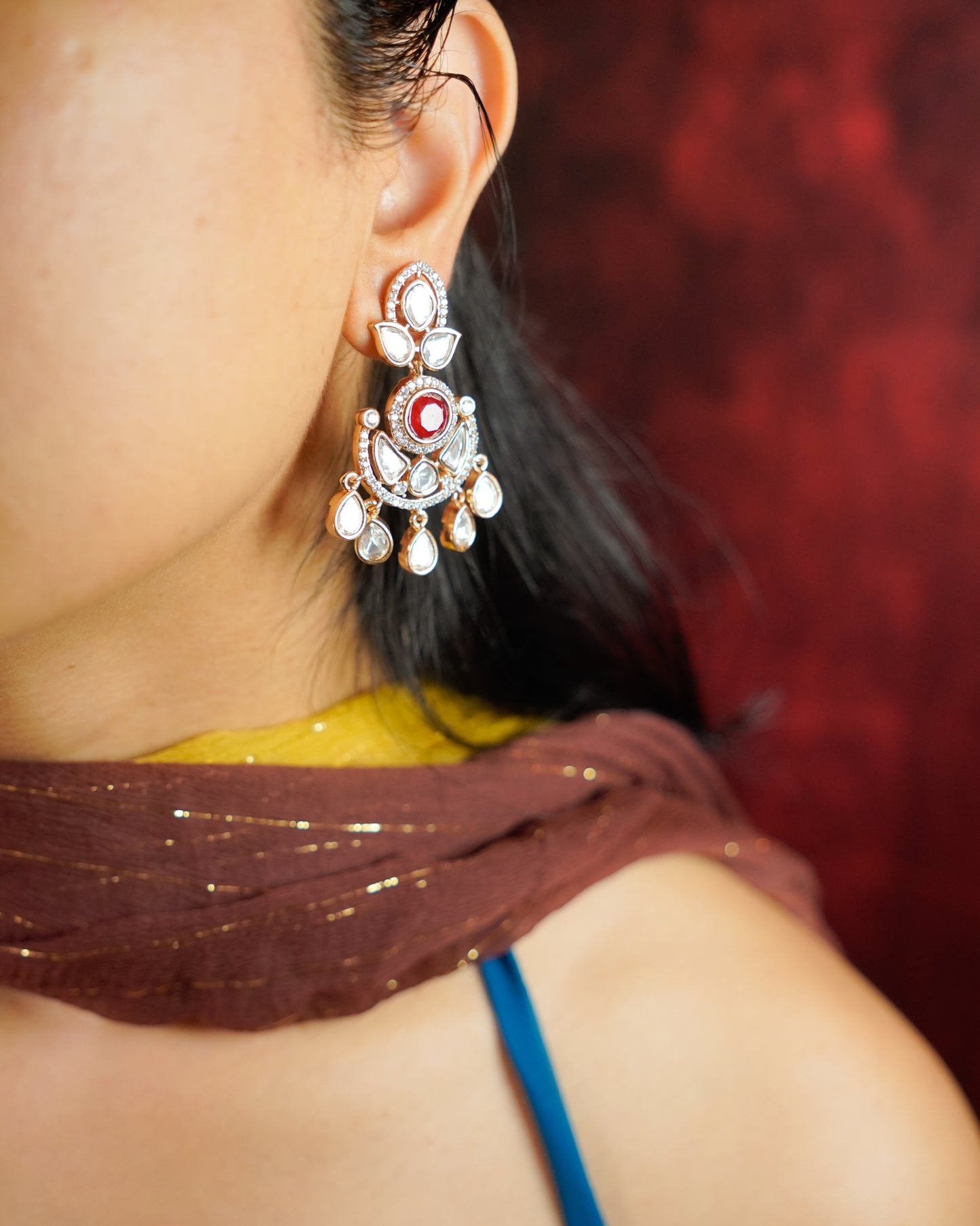 ROOP-Gold Kundan Chandbali Earrings with Colored Stone Centerpiece