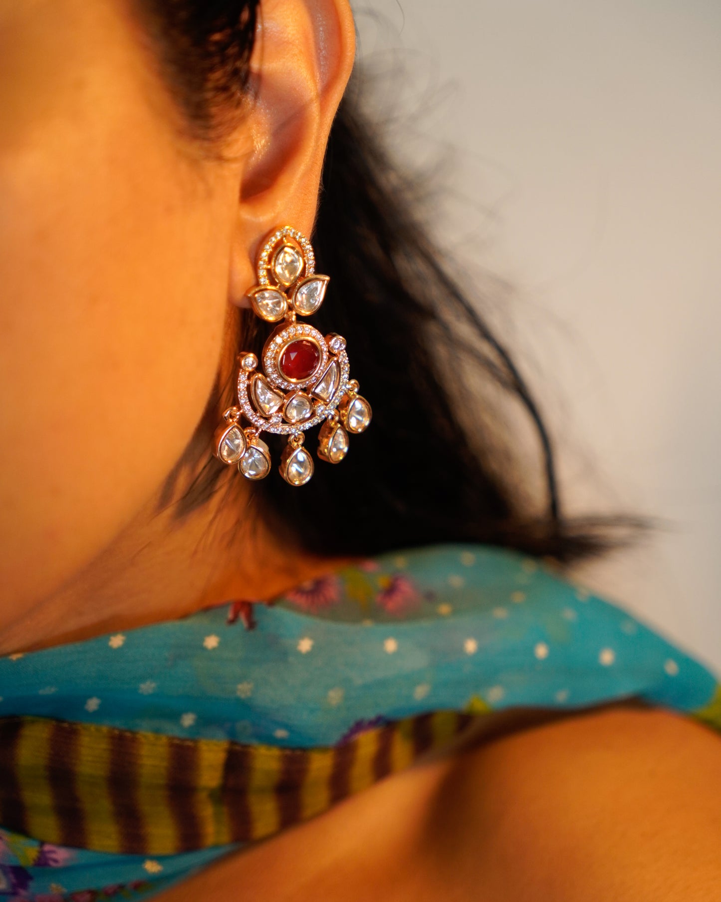 ROOP-Gold Kundan Chandbali Earrings with Colored Stone Centerpiece