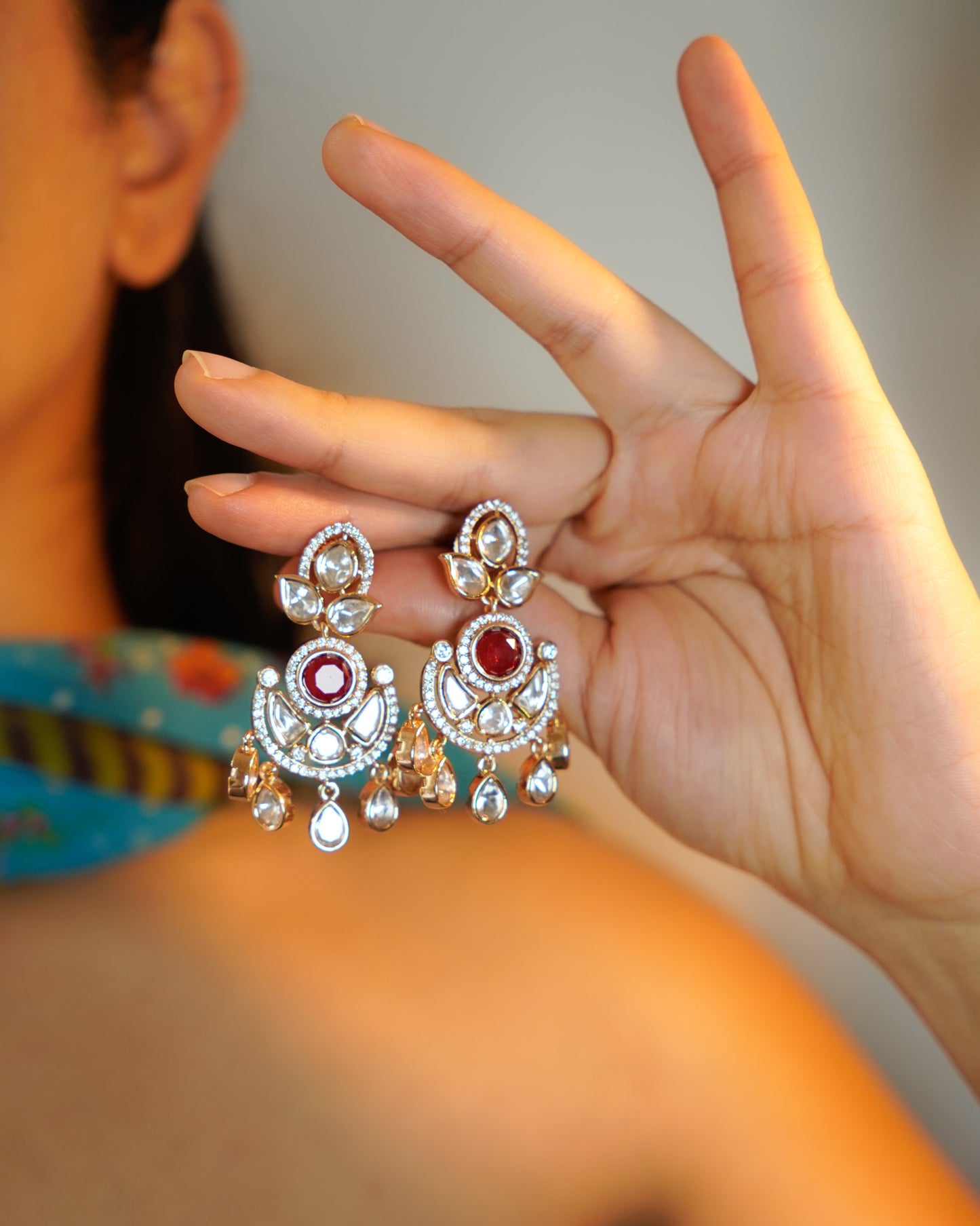 ROOP-Gold Kundan Chandbali Earrings with Colored Stone Centerpiece