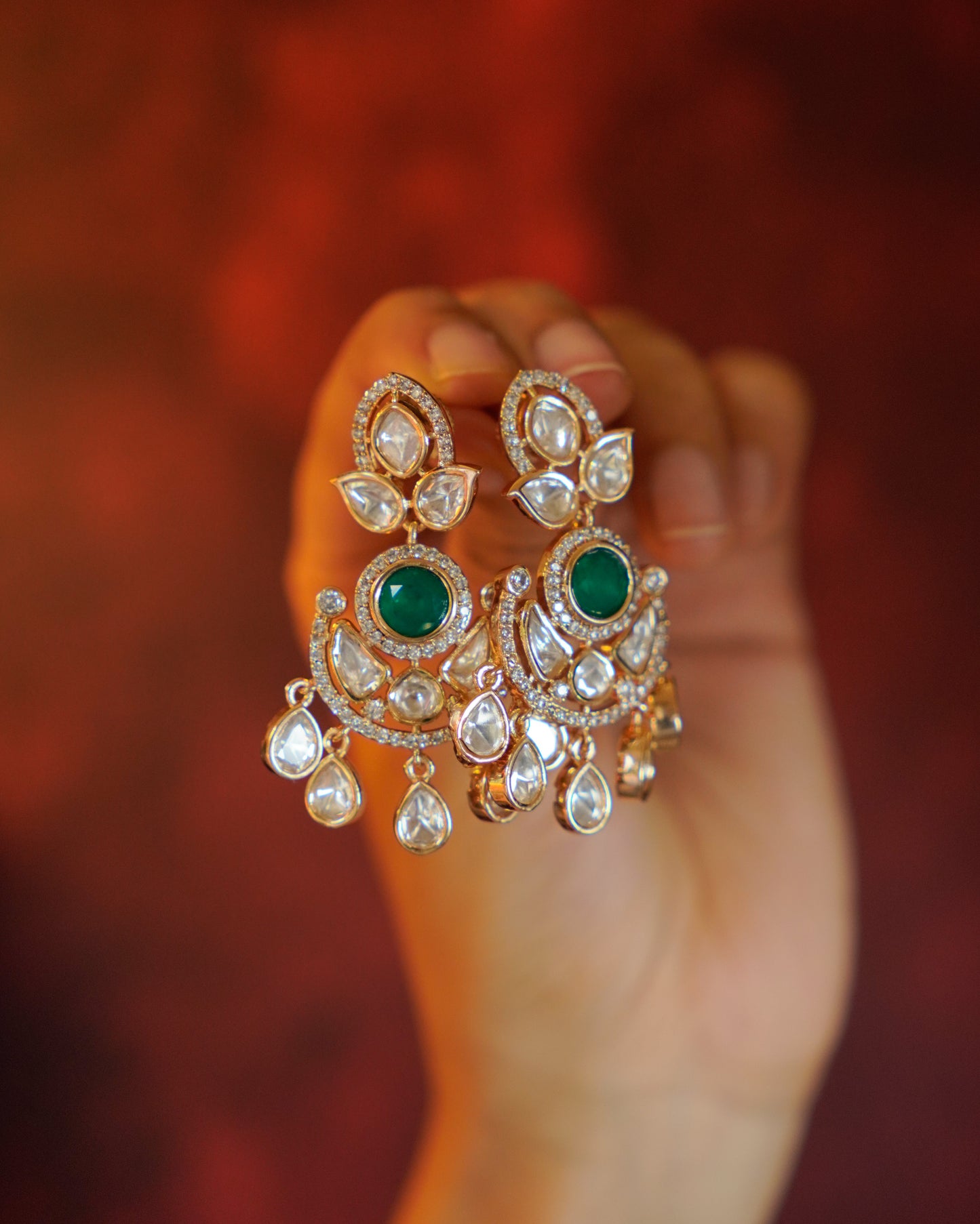 ROOP-Gold Kundan Chandbali Earrings with Colored Stone Centerpiece