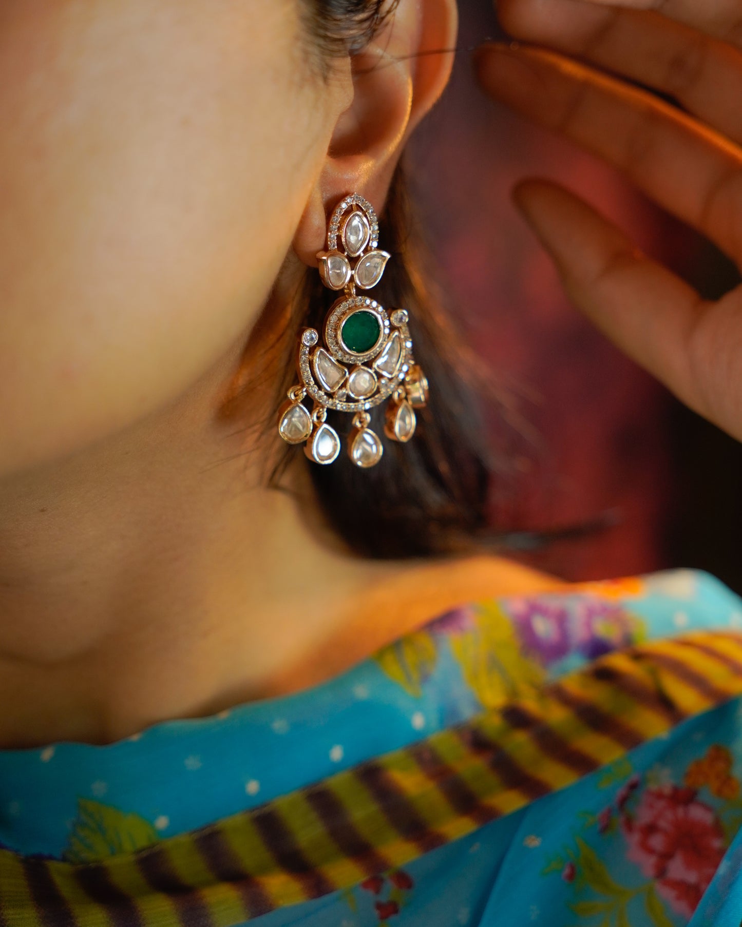 ROOP-Gold Kundan Chandbali Earrings with Colored Stone Centerpiece