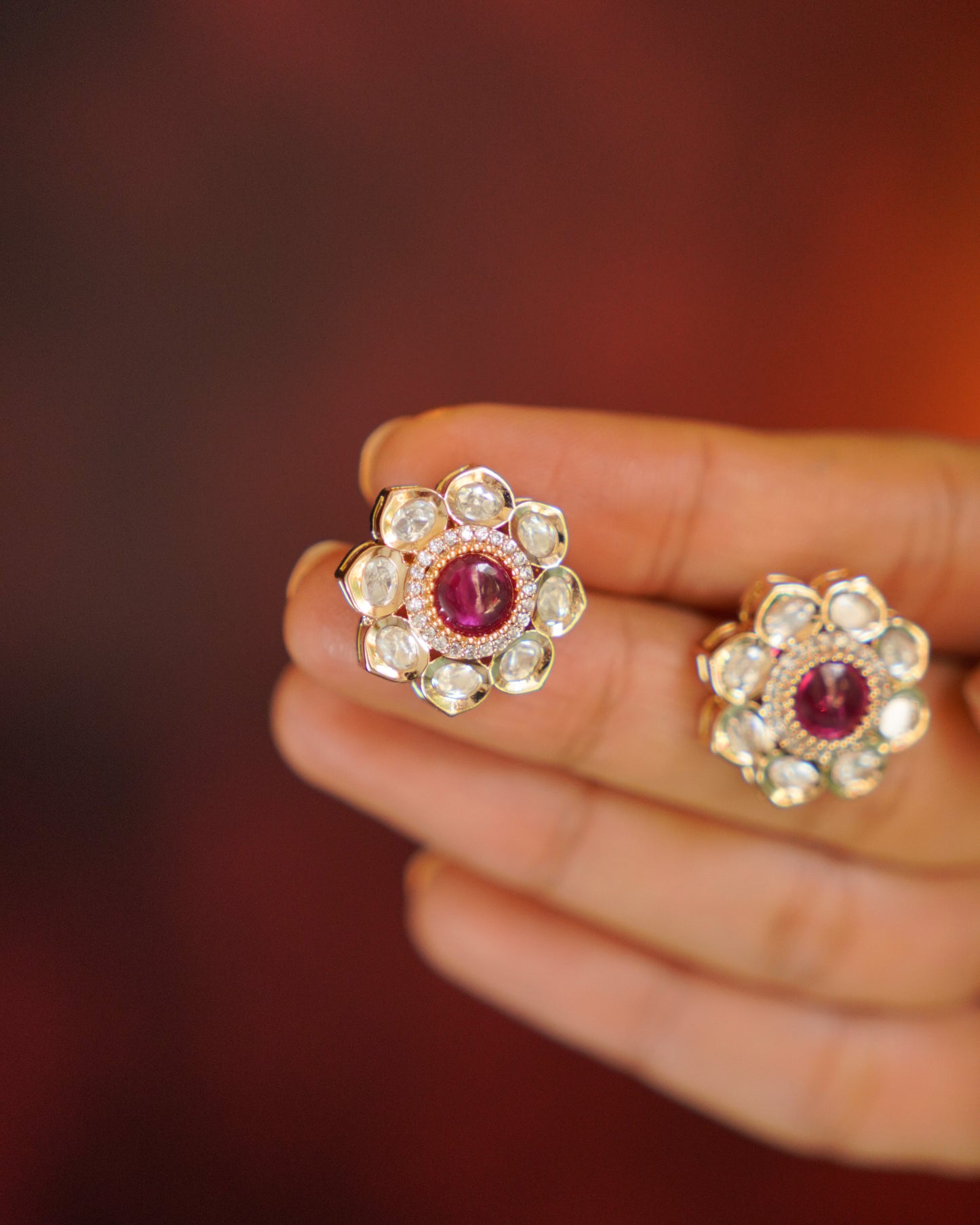 ROOP- Gold Kundan Floral Stud Earrings