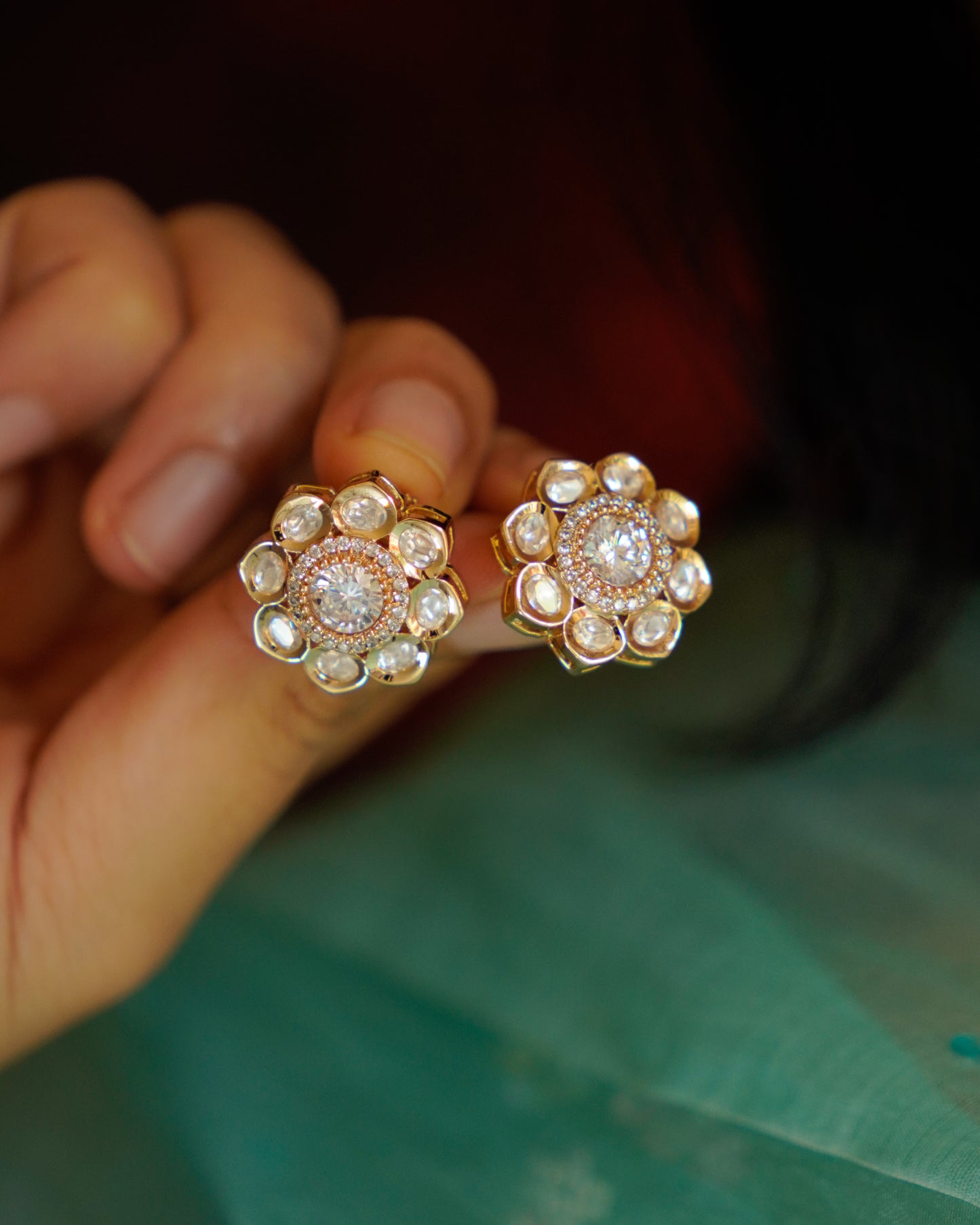 ROOP- Gold Kundan Floral Stud Earrings
