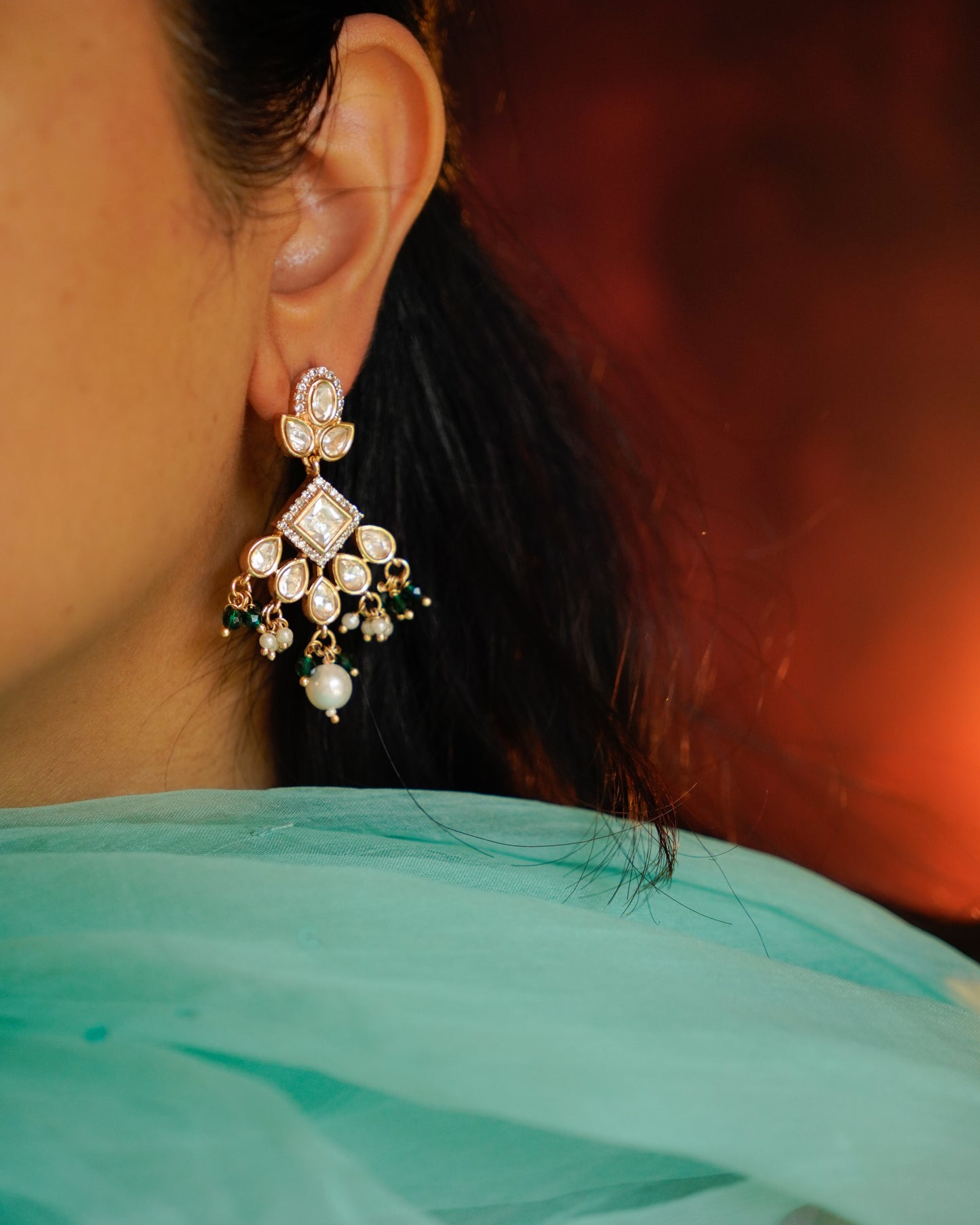 ROOP- Kundan Dangling Earrings with Pearls and Beads