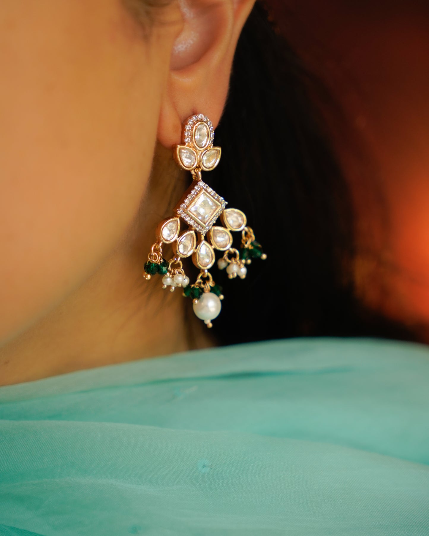 ROOP- Kundan Dangling Earrings with Pearls and Beads