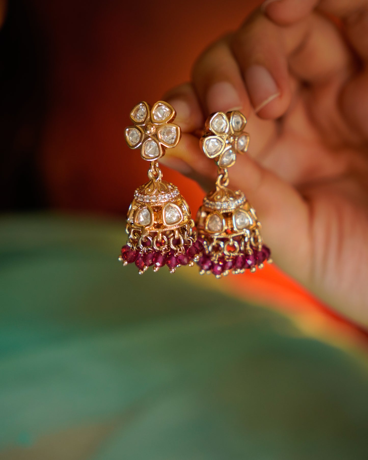 ROOP- Kundan Floral Jhumka Earrings with Beads Detailing