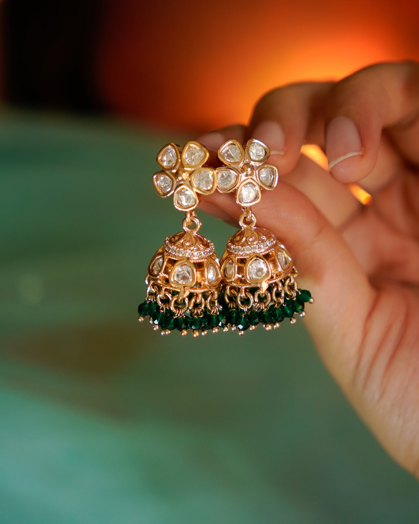 ROOP- Kundan Floral Jhumka Earrings with Beads Detailing