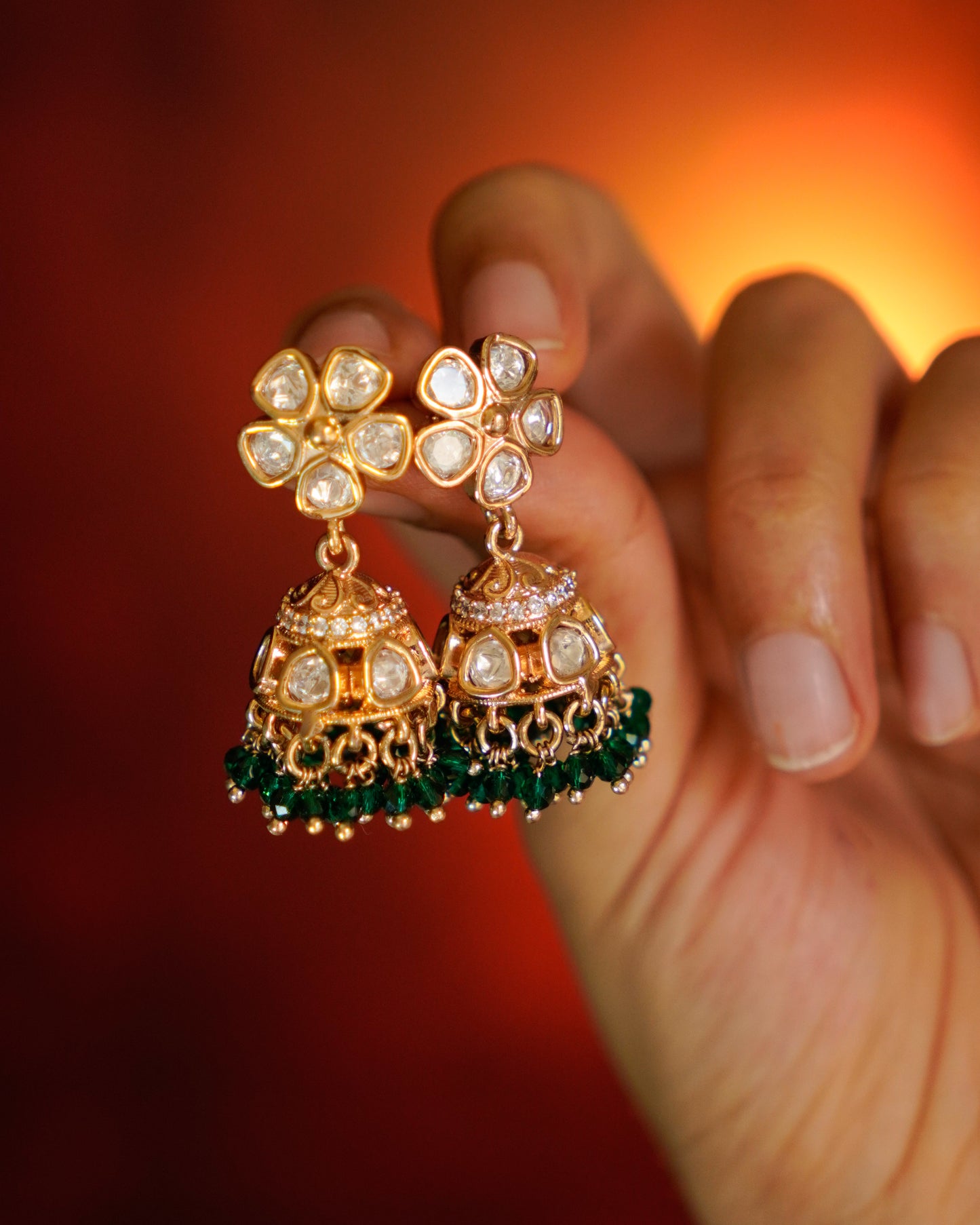 ROOP- Kundan Floral Jhumka Earrings with Beads Detailing