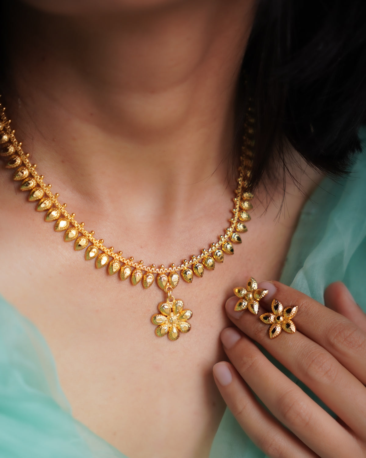 ORO- Gold Plated Jasmine Bud Necklace Set | Premium Micro Plated Floral Pendant and Studs Set