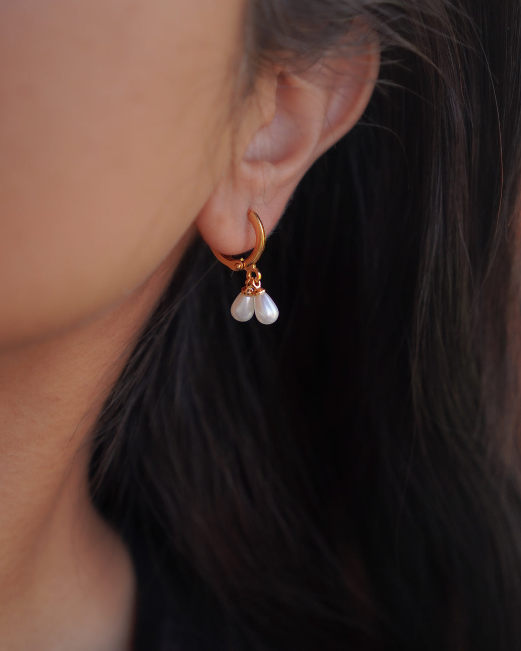 FLORA-Gold Double Pearl Drop Hoop Earrings for Women | Minimal Dangle Earrings