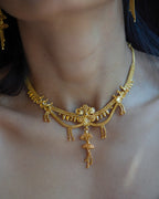 ORO- Matte Finish Floral Tassel Gold Plated Necklace & Earrings Set