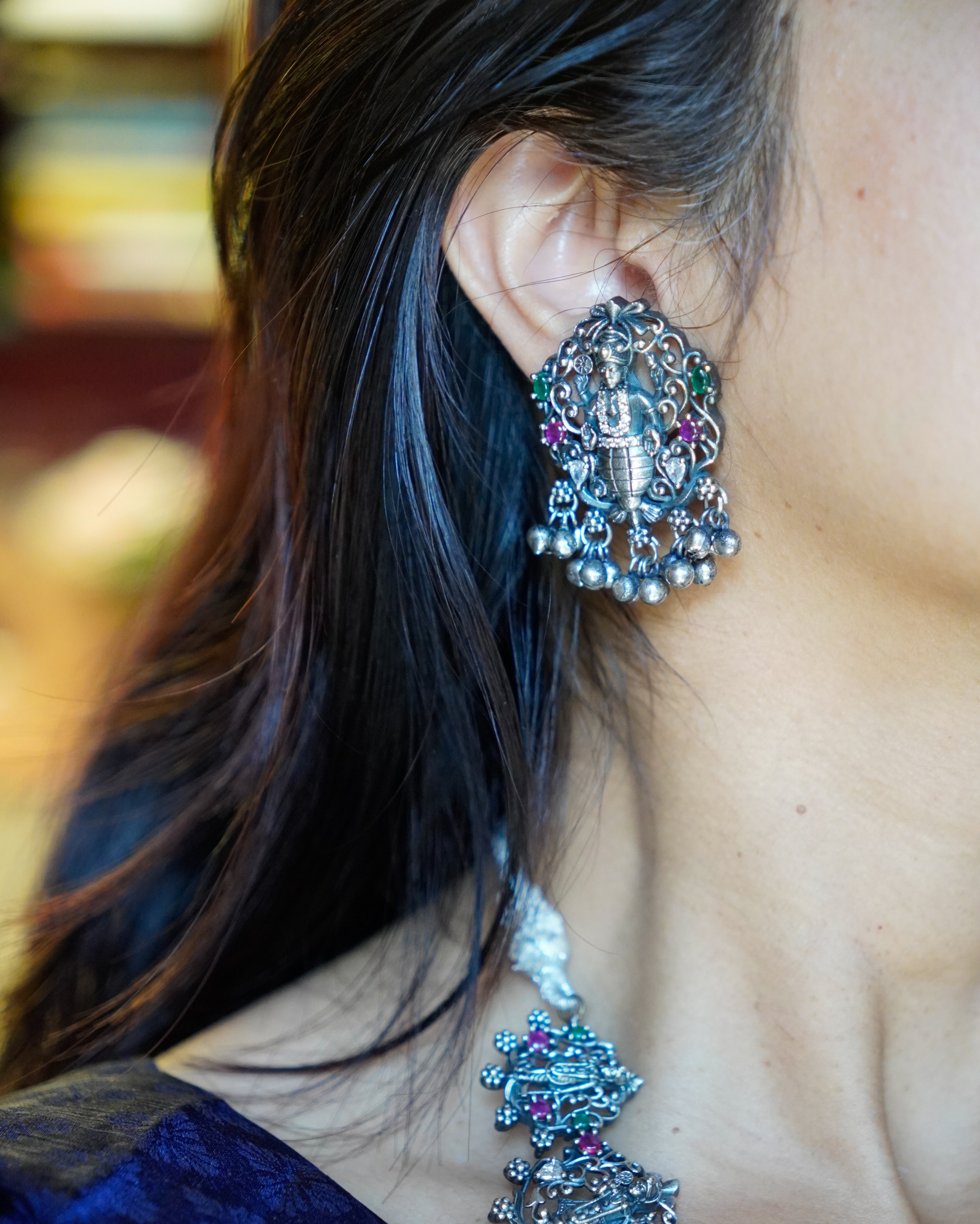 Anassa- Oxidised Temple Jewellery Necklace Set with Earrings – Antique Silver Finish Brass, Goddess Pendant Statement