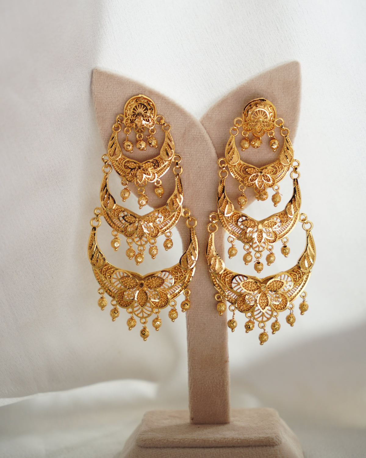 ORO- Three Tier Chandbali Earrings | Micro Plated Floral Filigree Layered Wedding Dangles