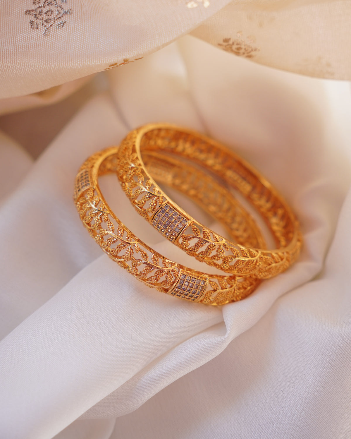 ZORA - Premium 1 Gram Gold Plated Leaf Filigree Bangles | Micro Plated American Diamond Set of 2