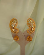 ORO-Gold Plated Paisley Peacock Kaan Phool Earrings | Micro Plated Botanical Ear Cuffs with Hanging Jhumkas