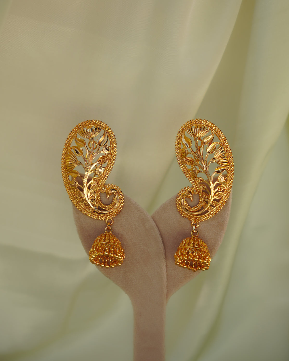 ORO-Gold Plated Paisley Peacock Kaan Phool Earrings | Micro Plated Botanical Ear Cuffs with Hanging Jhumkas