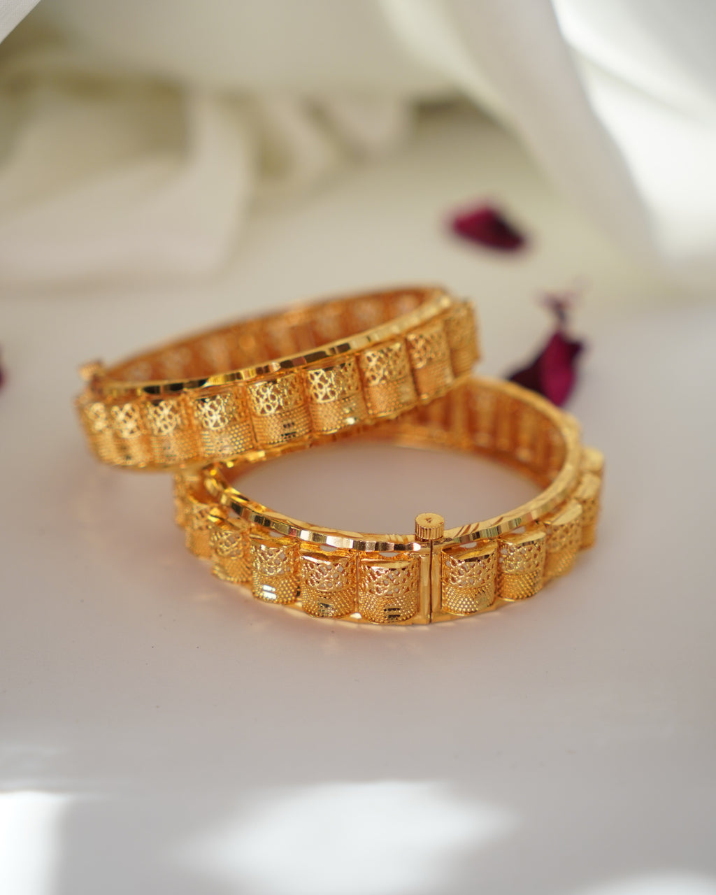 ORO- Structural Heritage Kada Set – 1gm Gold Plated Intricate Geometric Net Work Bangles set of 2