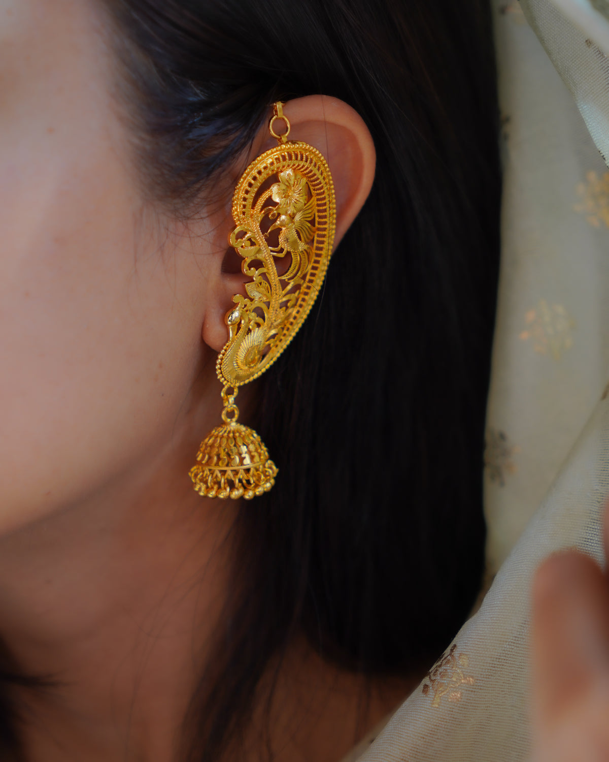 ORO - Premium 1 Gram Gold Plated Royal Peacock Kaan Phool Earrings | Micro Plated Floral Ear Cuffs with Hanging Jhumkas