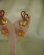 ORO-Premium 1 Gram Gold Plated Meenakari Peacock Kaan Phool Earrings | Micro Plated Enamel Ear Cuffs with Hanging Jhumkas