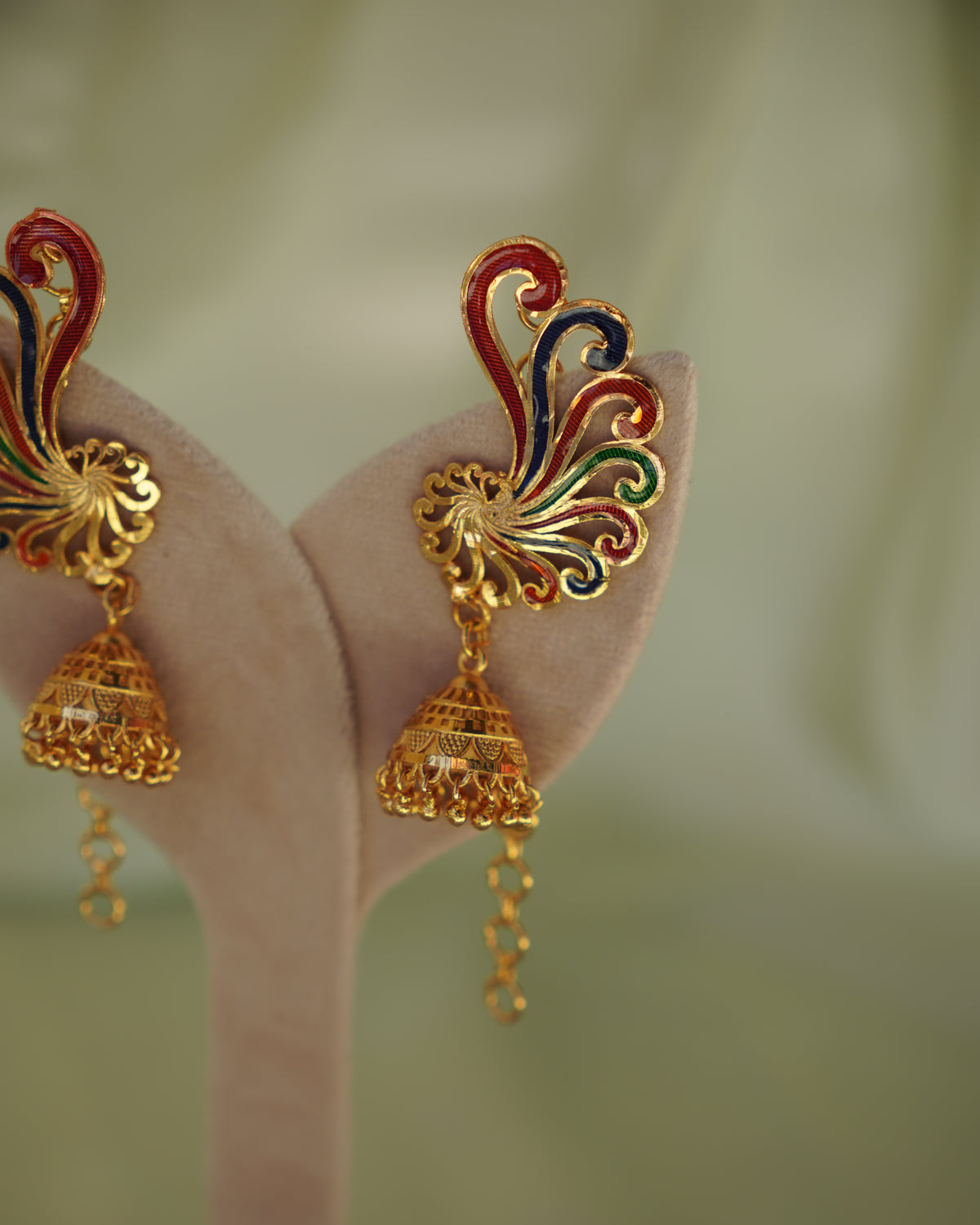 ORO-Premium 1 Gram Gold Plated Meenakari Peacock Kaan Phool Earrings | Micro Plated Enamel Ear Cuffs with Hanging Jhumkas