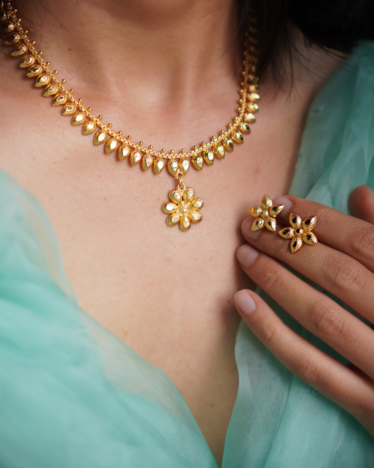 ORO- Gold Plated Jasmine Bud Necklace Set | Premium Micro Plated Floral Pendant and Studs Set