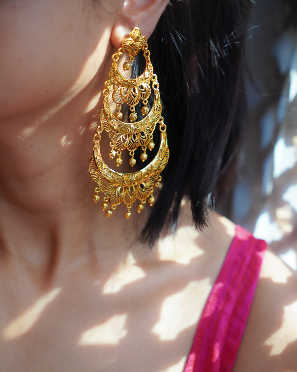 ORO- Three Tier Chandbali Earrings | Micro Plated Intricate Multi Layer Jhumka Dangles