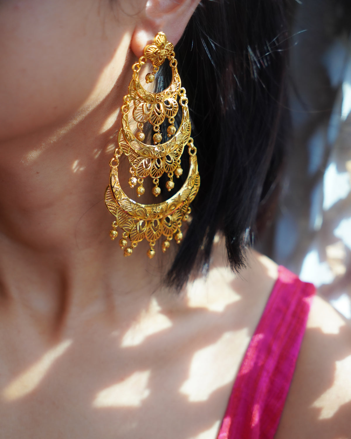 ORO- Three Tier Chandbali Earrings | Micro Plated Intricate Multi Layer Jhumka Dangles