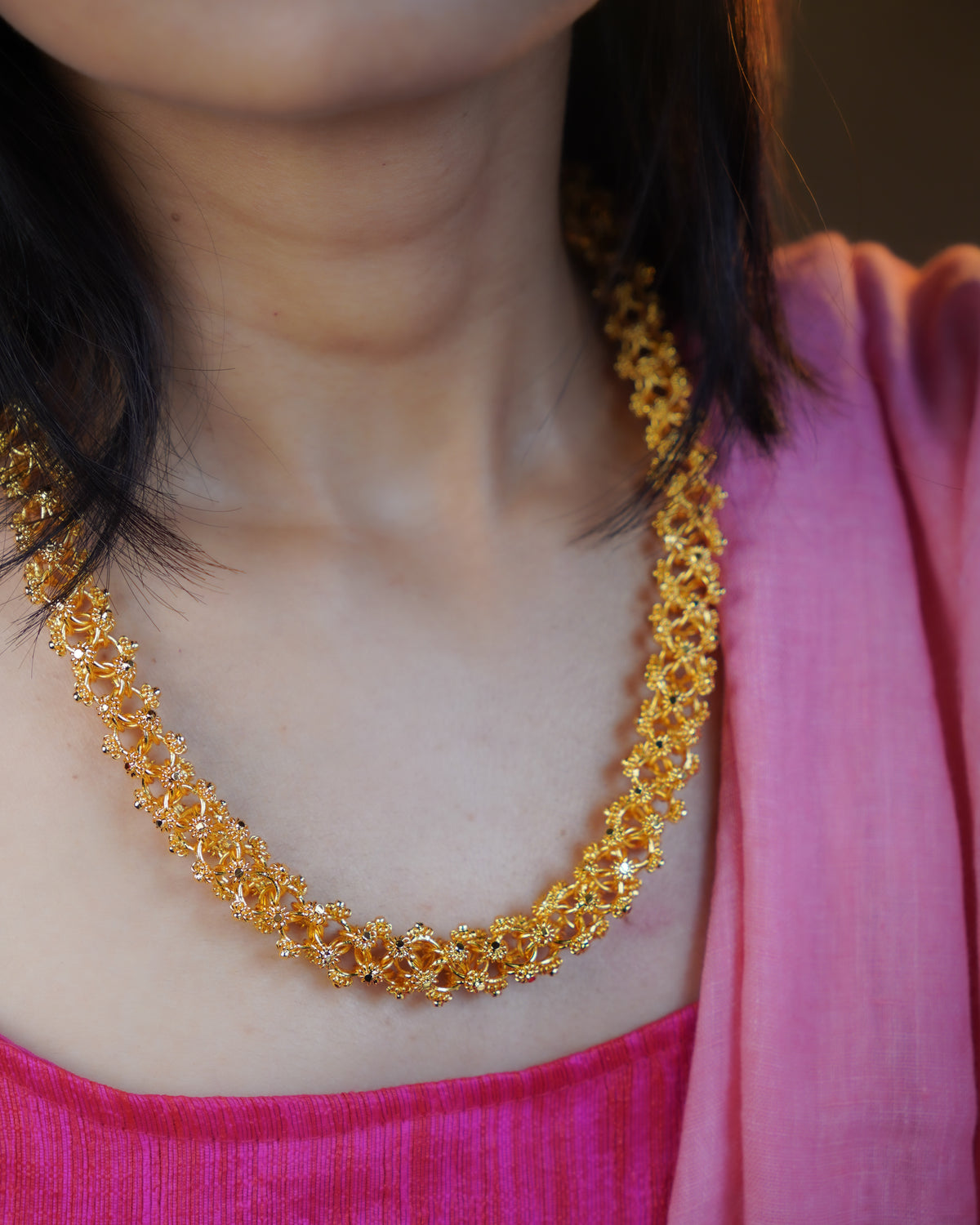 ORO- Premium 1 Gram Gold Plated Lace Mesh Mala Necklace | Micro Plated Traditional Criss Cross Filigree Haram Long Chain