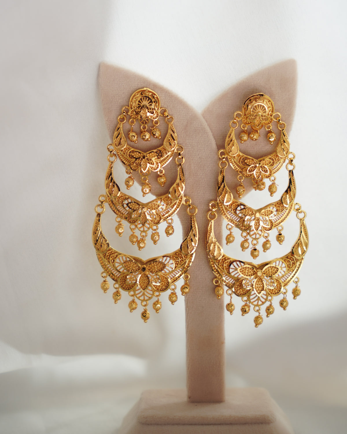 ORO- Three Tier Chandbali Earrings | Micro Plated Floral Filigree Layered Wedding Dangles