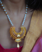 ORO- Royal Sunburst & Pearl Long Mala Set – 1gm Gold Plated Traditional Crescent Festive Necklace
